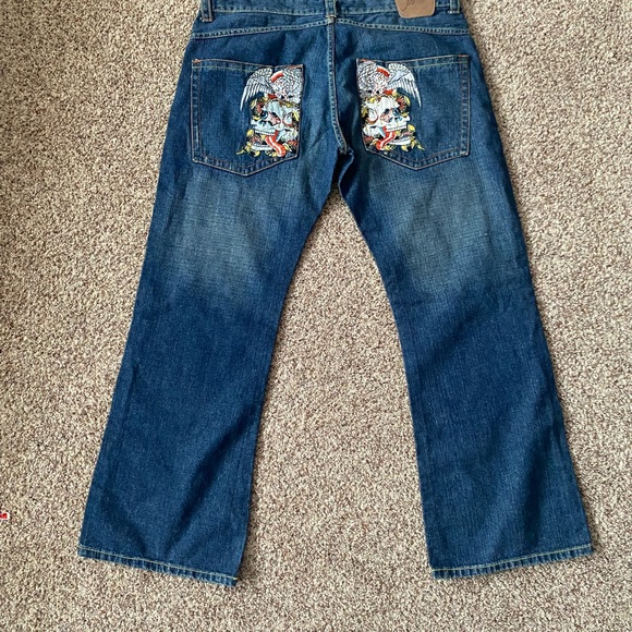 Ed Hardy Dark Blue Bootcut Jeans with Tatoo Embroidered Design - Picture 2 of 6